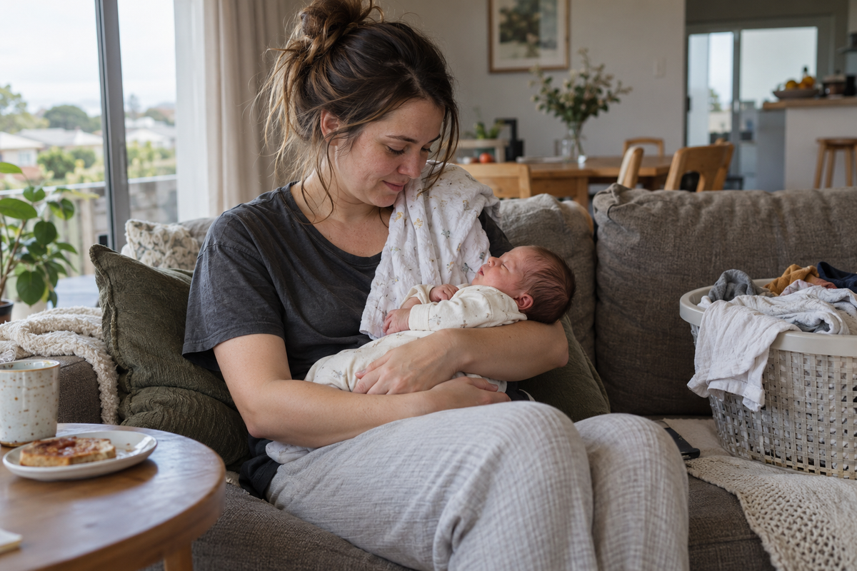 A tired mum tenderly cradles her newborn on the sofa in a lived-in family home.