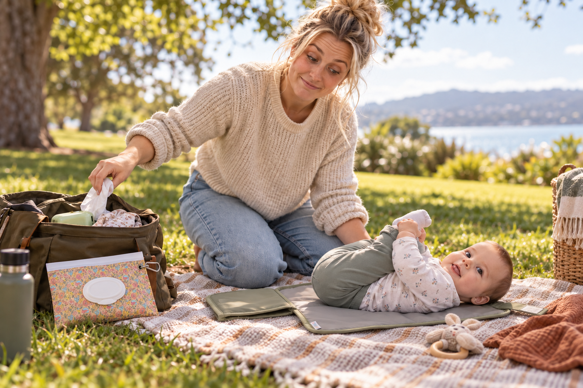 Blonde mum changing her baby outdoors on a sage changing wallet with a floral wet wipes pouch nearby