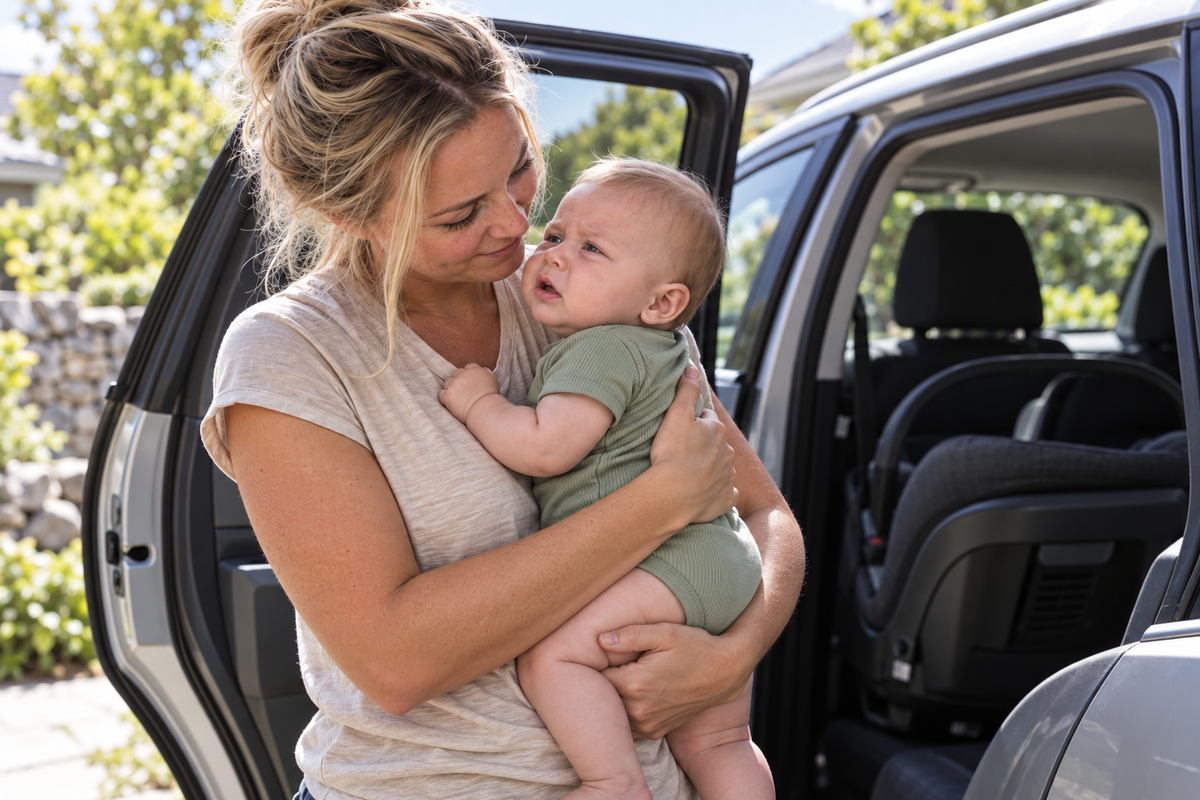 Mum comforting her fussy baby beside the open door of a parked family car.