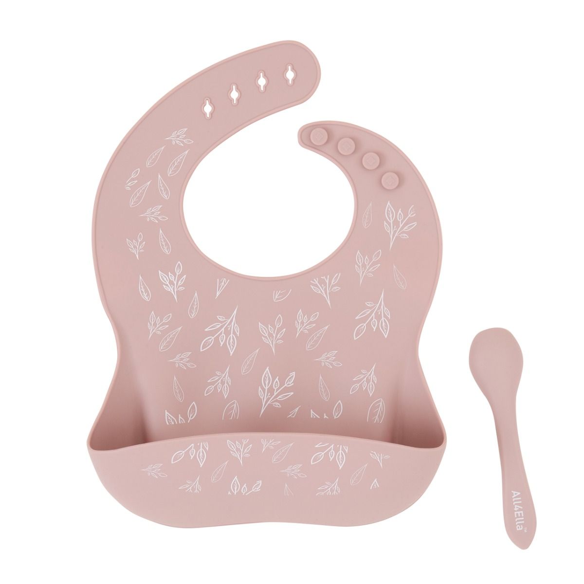 All4Ella Silicone Catch Bib & Spoon - Dusty Pink for baby on solids