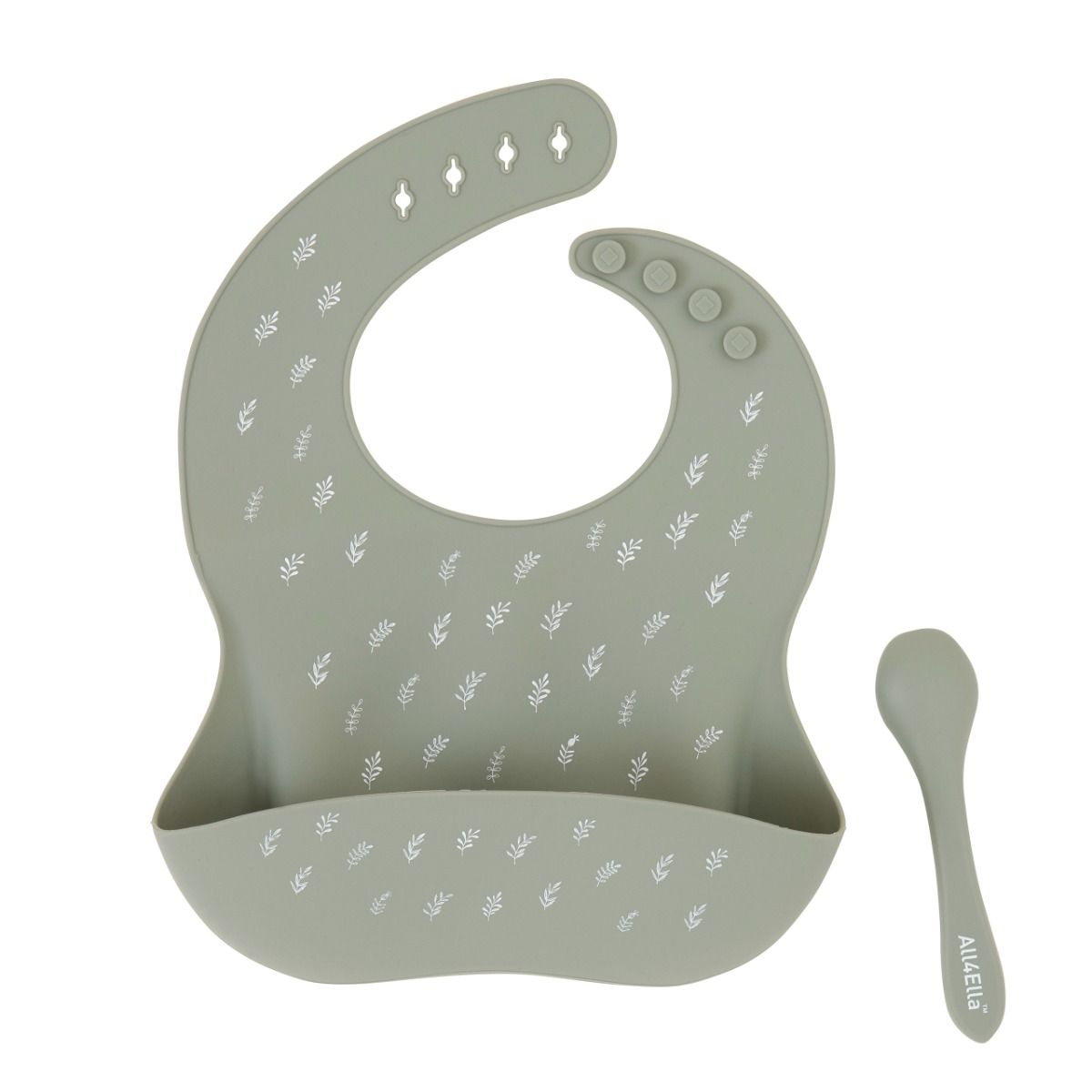 All4ella Silicone Catch Bib & Spoon - Olive for baby and toddlers starting solids and baby led weaning. MOD & TOD