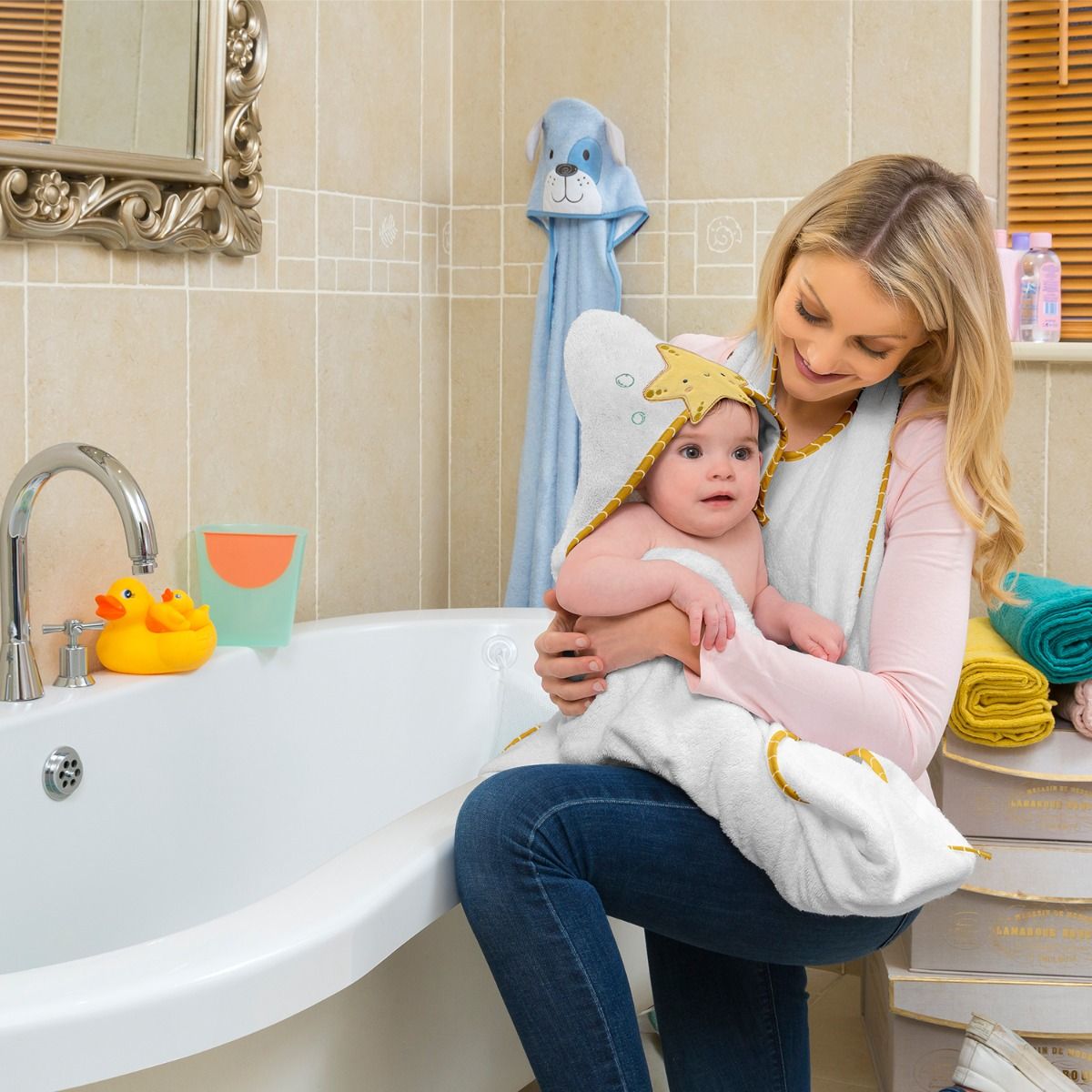 Clevamama Bamboo Extra Large Apron Baby Bath Towel - White & Honey for baby bath time. MOD & TOD