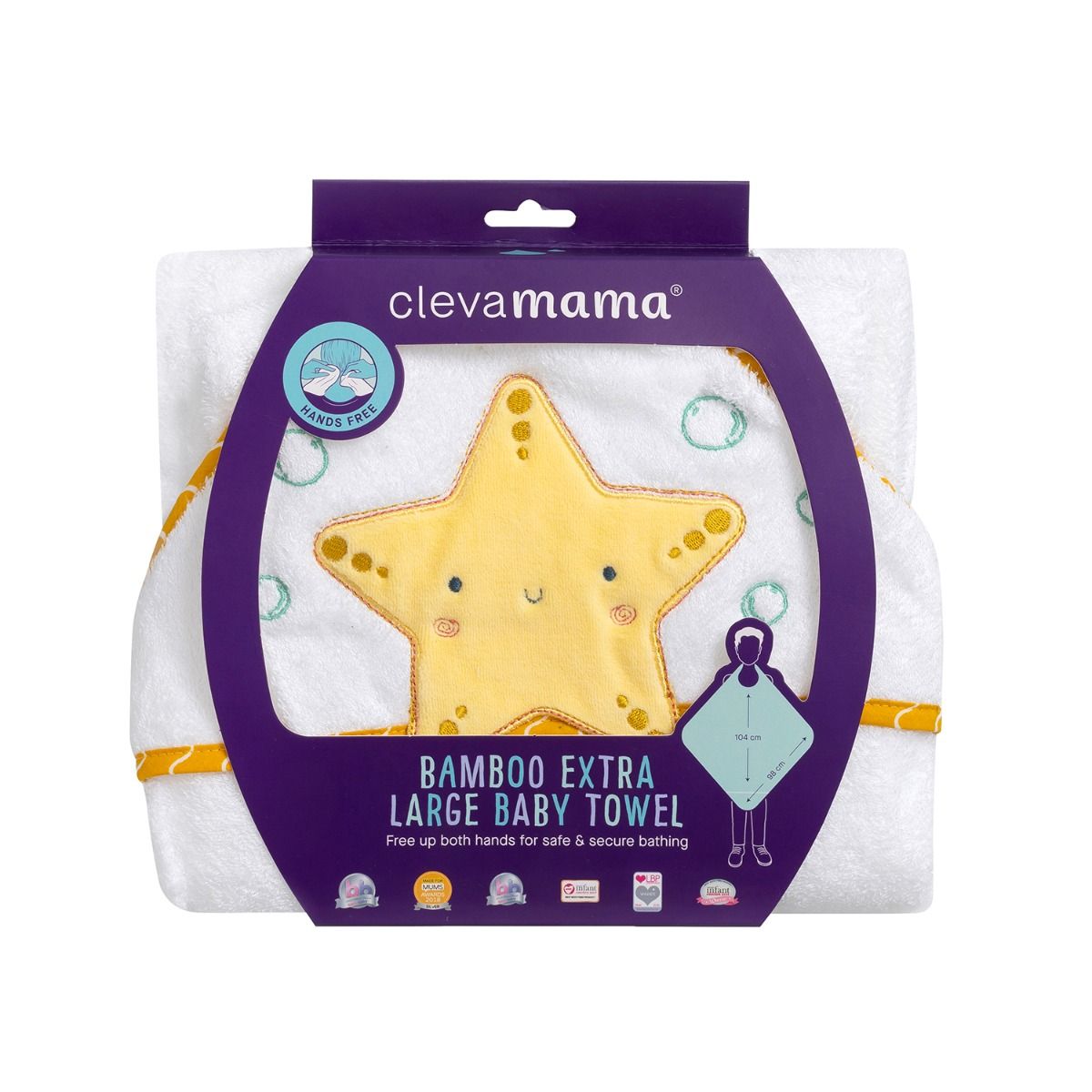 Clevamama Bamboo Extra Large Apron Baby Bath Towel - White & Honey for baby bath time. MOD & TOD