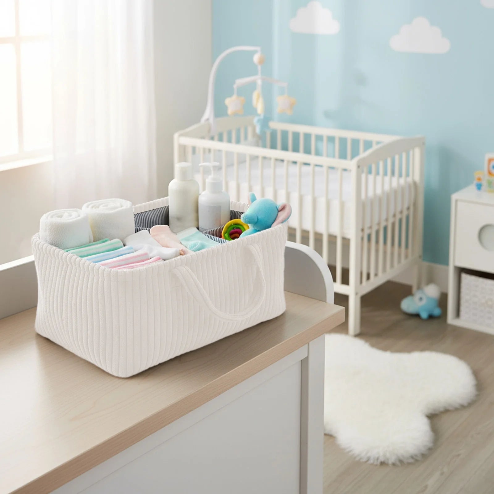 Ivory grey corduroy baby nappy caddy with striped lining and removable dividers by River & Oak Trading at modandtod.com