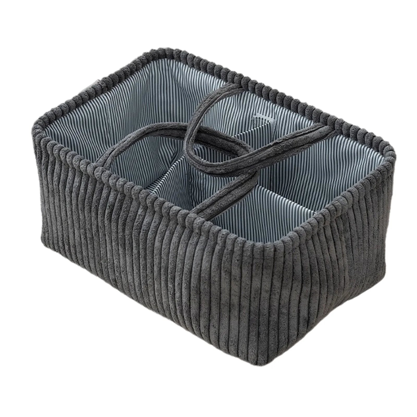 Slate grey corduroy baby nappy caddy with striped lining and removable dividers by River & Oak Trading at modandtod.com