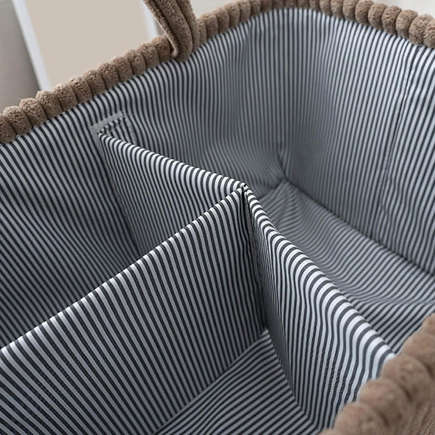 Mocha corduroy baby nappy caddy with striped lining and removable dividers by River & Oak Trading at modandtod.com