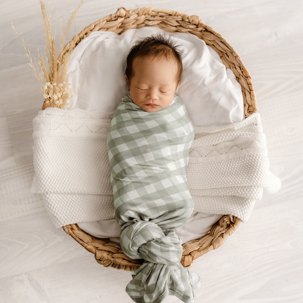 MOD AND TOD Baby Stretchy Swaddle | Sage Gingham | Organic Cotton | modandtod.com