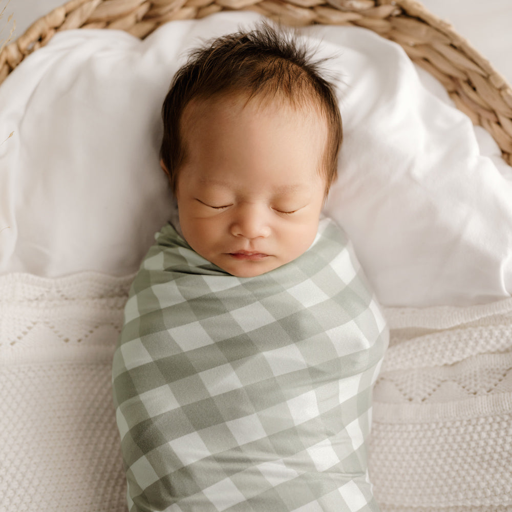 MOD AND TOD Baby Stretchy Swaddle | Sage Gingham | Organic Cotton | modandtod.com