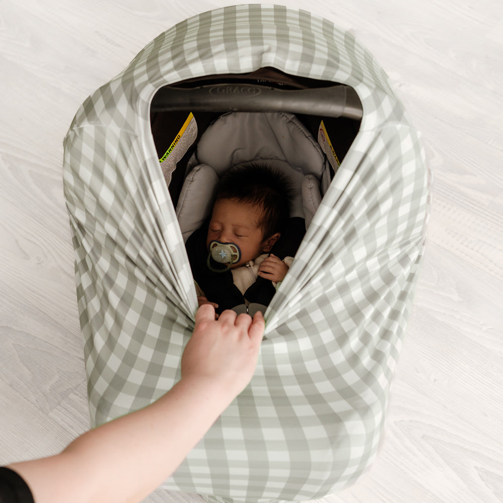 5 in 1 Multi Use Cover - Sage Gingham - Capsule Cover, Highchair Cover, Shopping Trolley Cover, Breastfeeding Cover, Nursing Scarf - modandtod.com