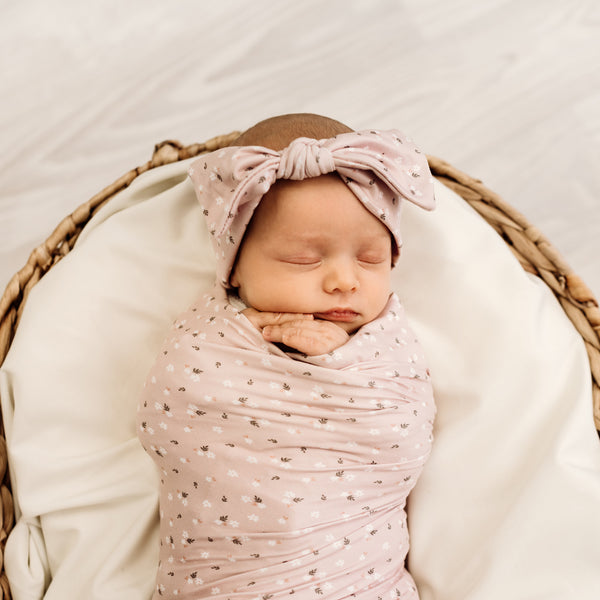 MOD & TOD Baby Stretchy Swaddle Set with matching headband | Pink Posie