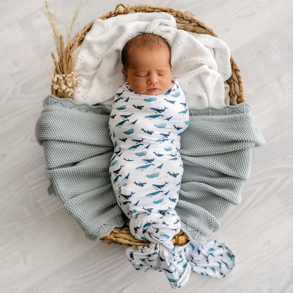 MOD AND TOD Baby Stretchy Swaddle | Whale Tales | Organic Cotton | modandtod.com