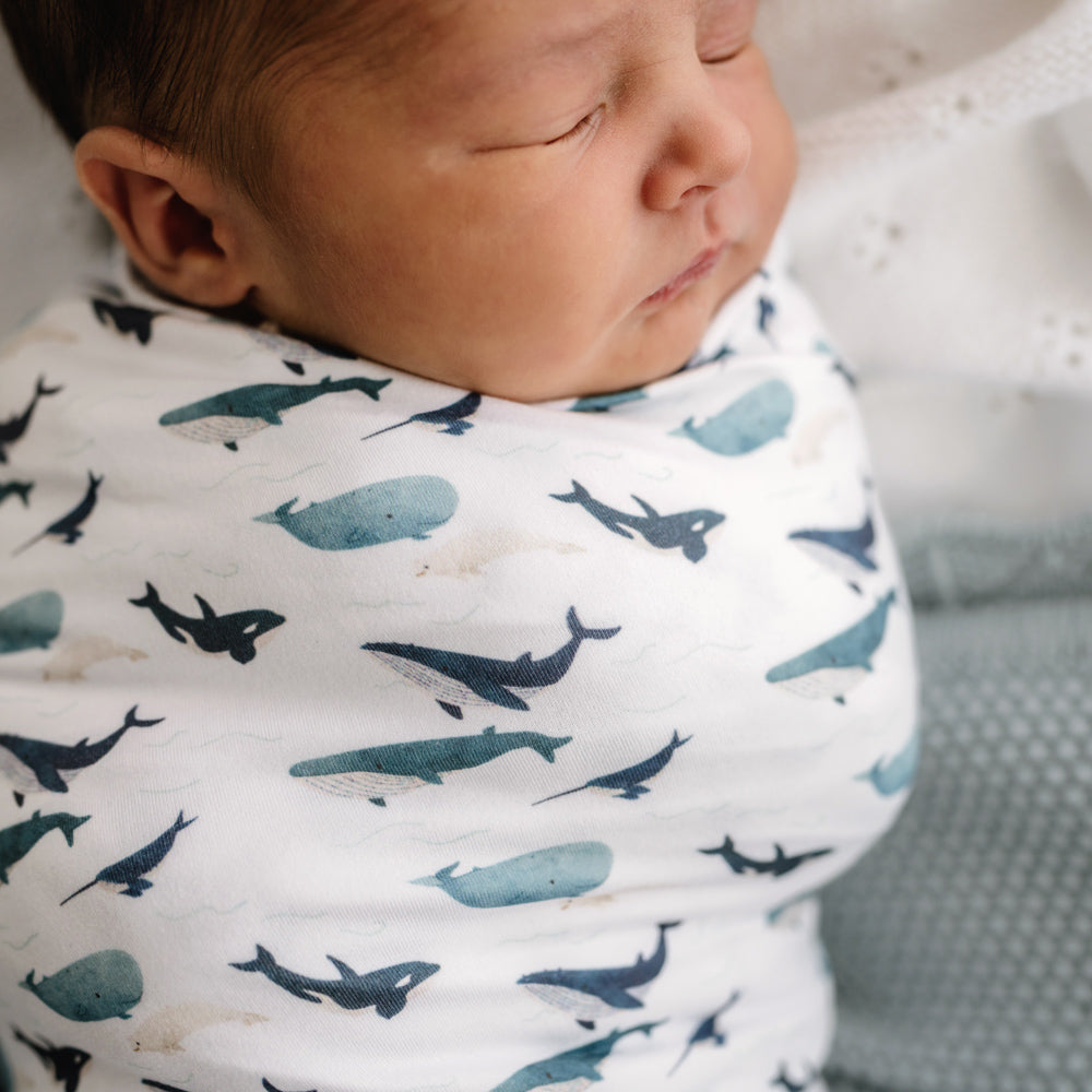 MOD AND TOD Baby Stretchy Swaddle | Whale Tales | Organic Cotton | modandtod.com