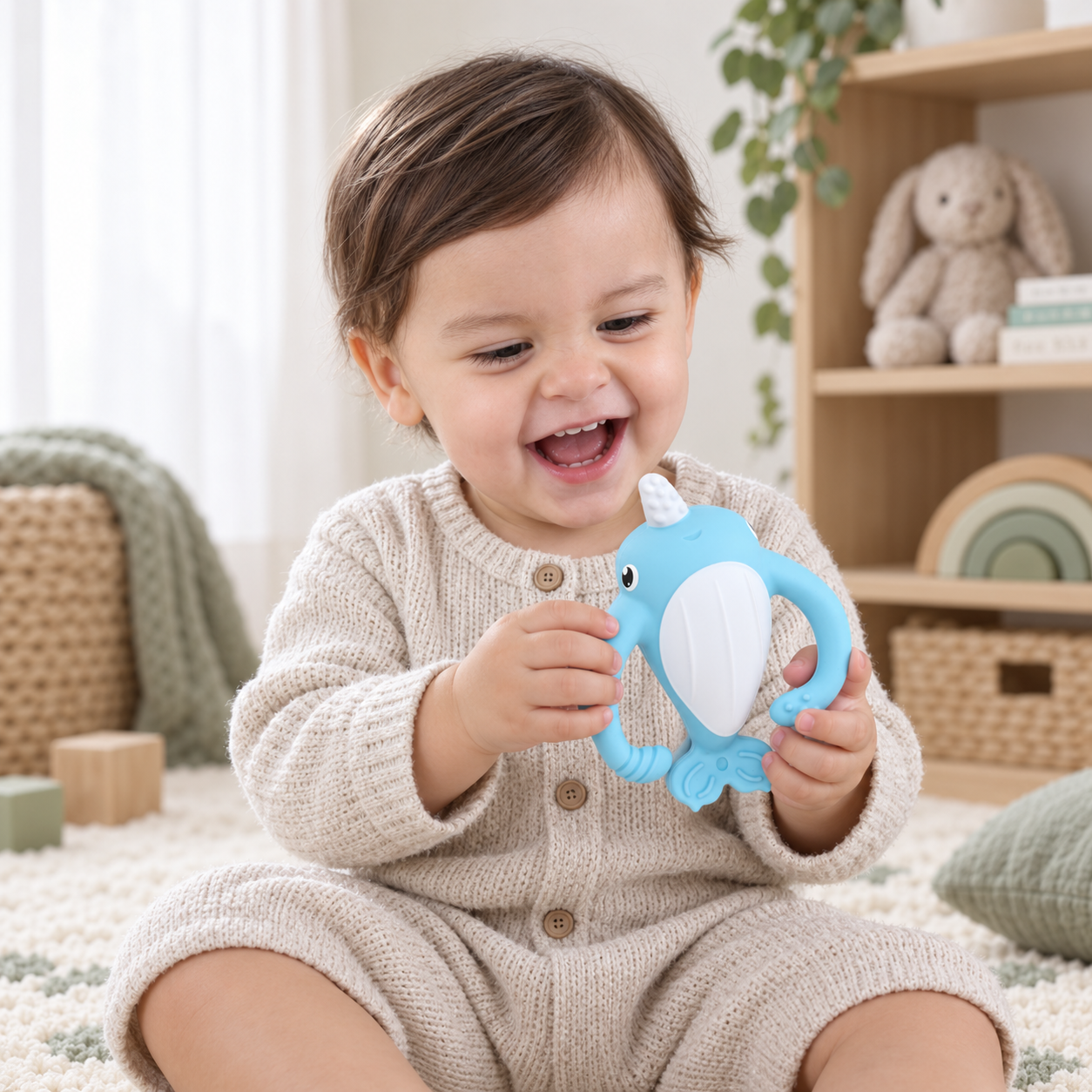 NORA NARWHAL SILICONE TEETHER - LIGHT BLUE