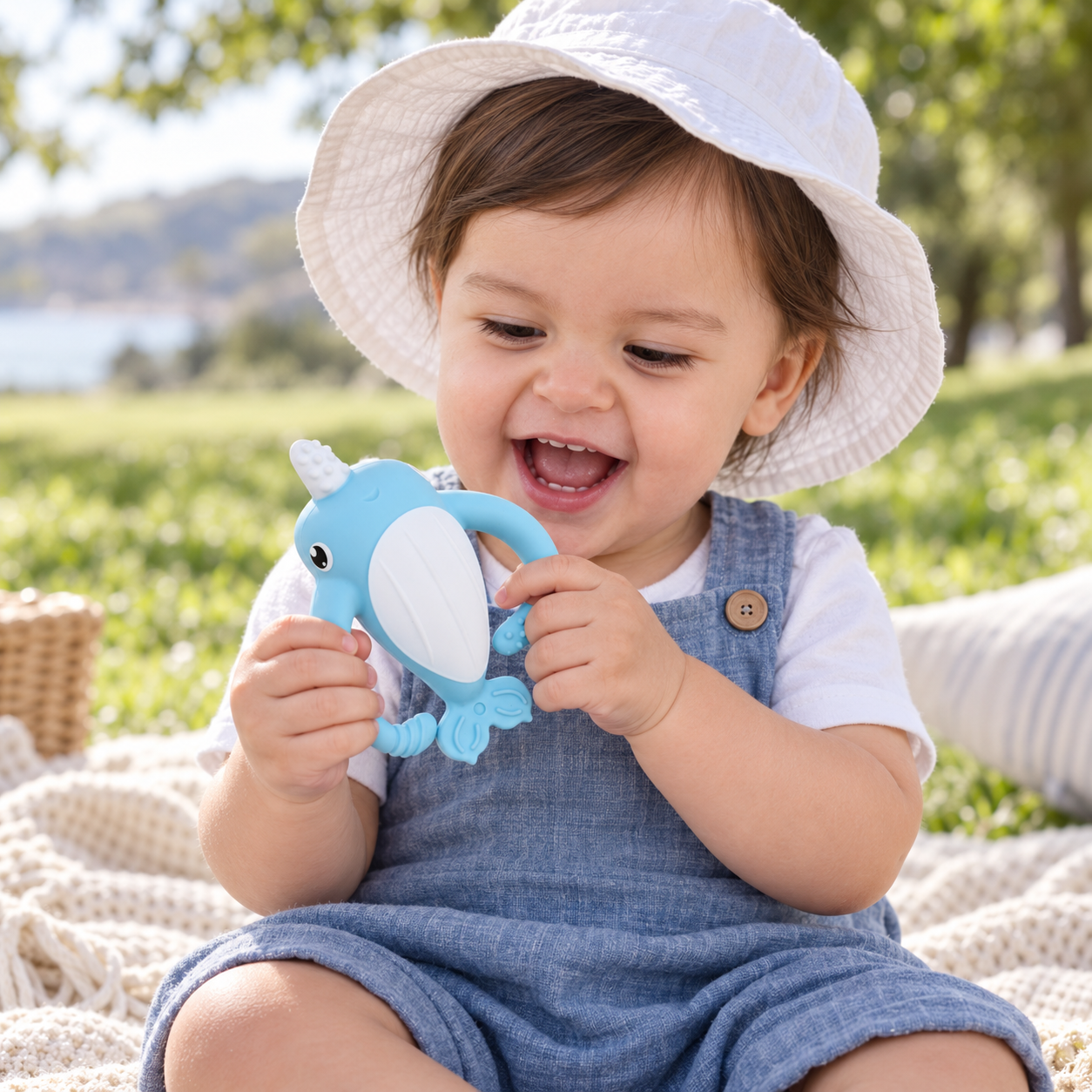 Smily Mia NORA NARWHAL SILICONE TEETHER - LIGHT BLUE | Baby Teething Toy | modandtod.com
