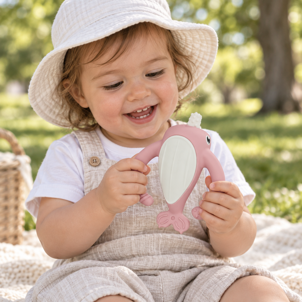 Smily Mia NORA NARWHAL SILICONE TEETHER - OLD ROSE | Baby Teething Toy | modandtod.com