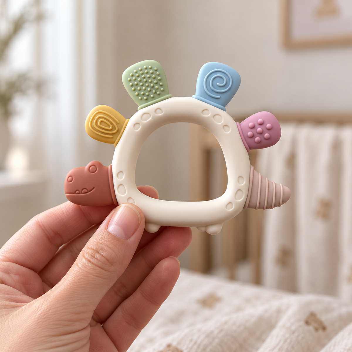 River & Oak Trading Dottie the Dino Silicone Teether | Silicone Teething Toy for Baby | modandtod.com