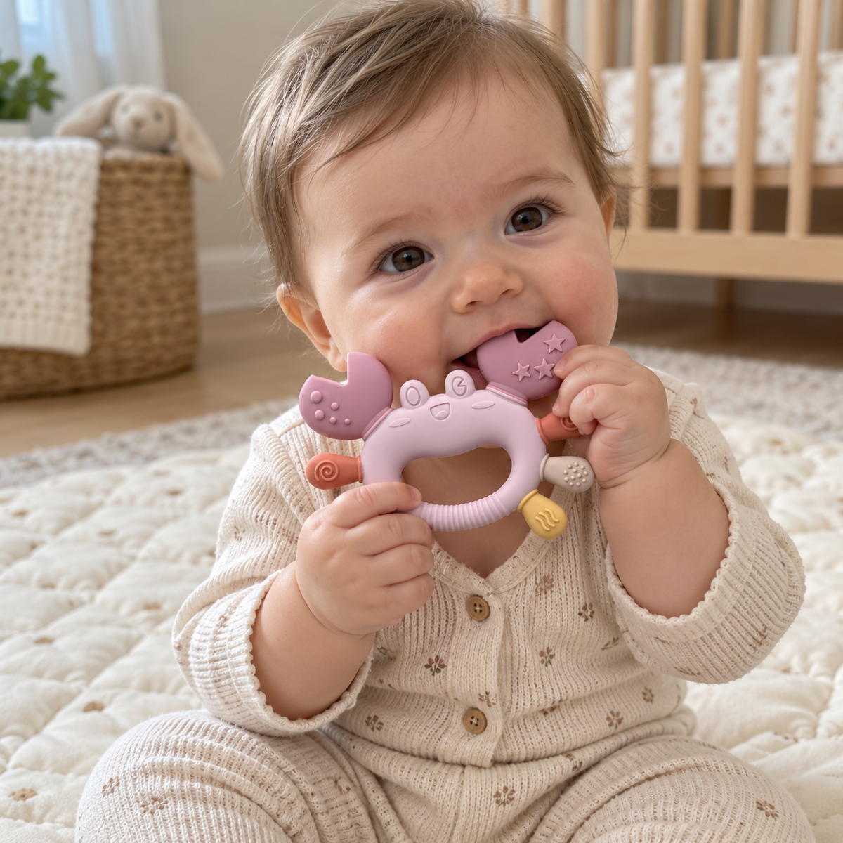 River & Oak Trading Cleo the Crab Silicone Teether | Silicone Teething Toy for Baby | modandtod.com