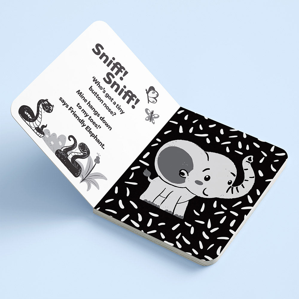 Children's book with a black and white illustration of an elephant. High Contrast Board Book Mirror: Hello Baby! for baby. MOD & TOD