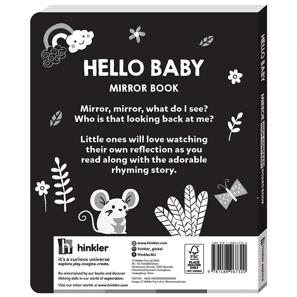 Back cover of a 'Hello Baby' mirror book with text and illustrations on a black background. High Contrast Board Book Mirror: Hello Baby! for baby. MOD & TOD