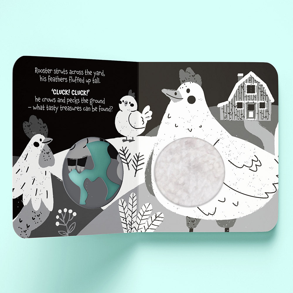 Illustrated book page with a rooster and chick. High Contrast Board Book Touch and Feel: Moo Moo! for baby. MOD & TOD