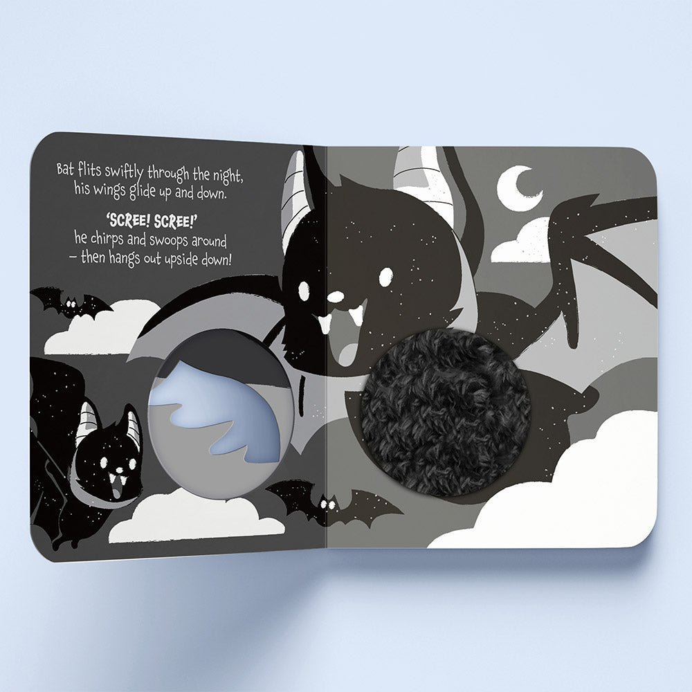 Children's book page with illustrations of a bat, owl, and other animals against a night sky. High Contrast Board Book Touch and Feel: Rawr Rawr! for baby. MOD & TOD