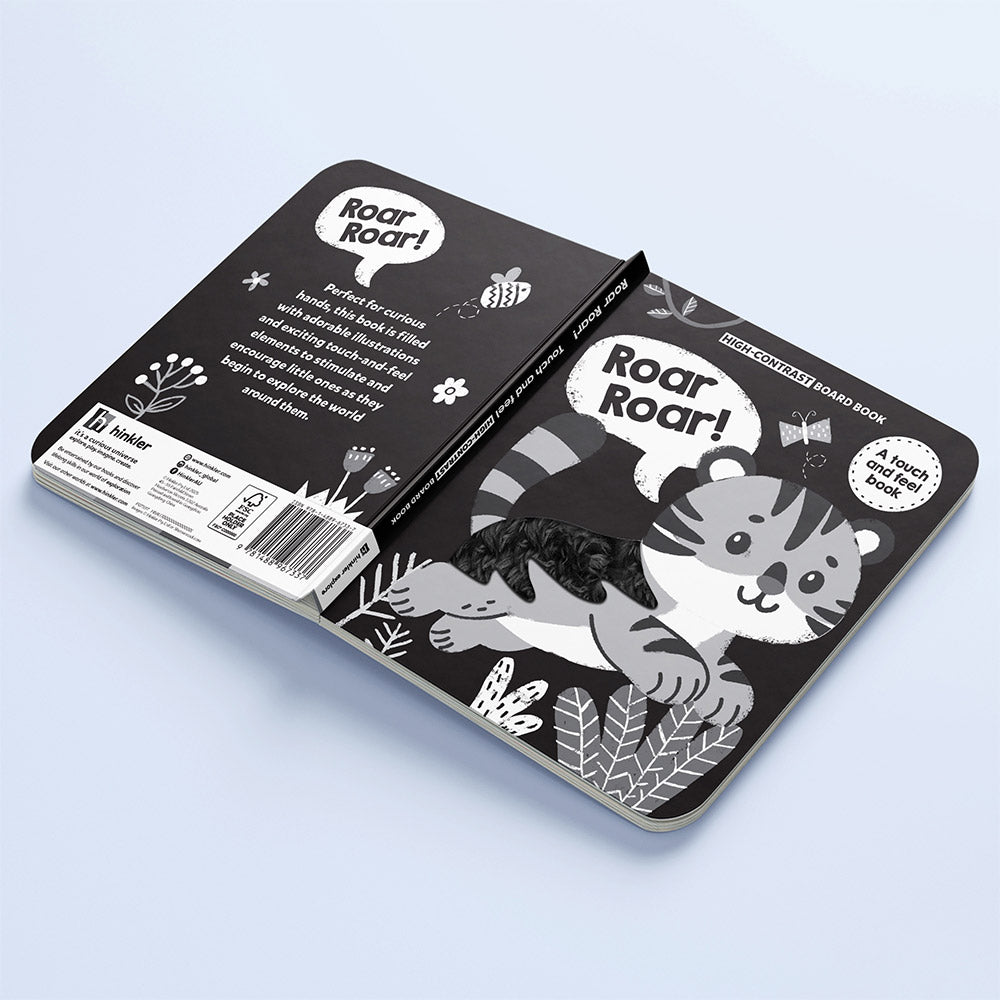 Children's book with a tiger illustration. High Contrast Board Book Touch and Feel: Rawr Rawr! for baby. MOD & TOD