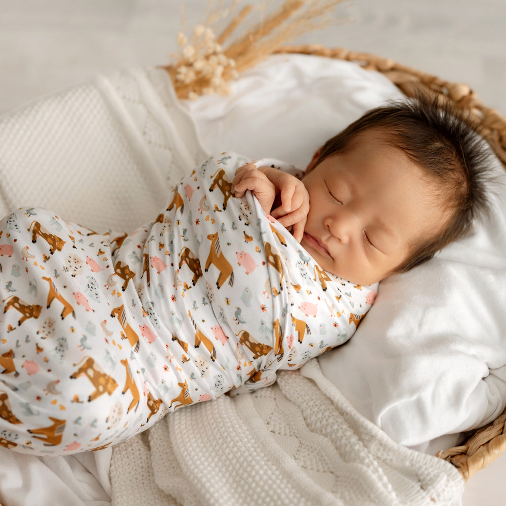 MOD AND TOD Baby Stretchy Swaddle | Farmyard Bunch | Organic Cotton | modandtod.com