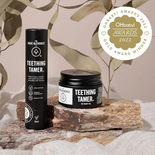 The Nude Alchemist Teething Tamer (Jar) providing relief for teething baby and toddlers