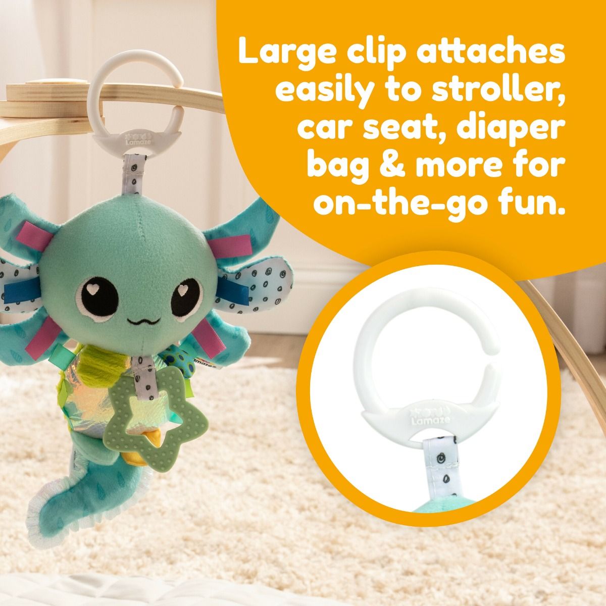 Lamaze Alise the Axolotl Clip & Go for newborn and baby. MOD & TOD