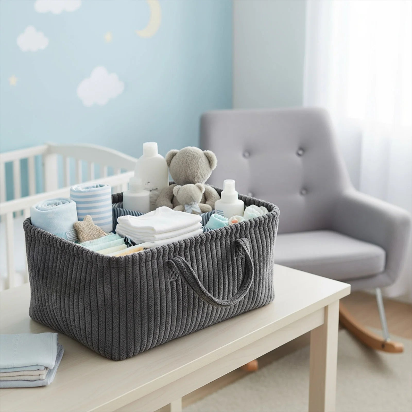 Slate grey corduroy baby nappy caddy with striped lining and removable dividers by River & Oak Trading at modandtod.com