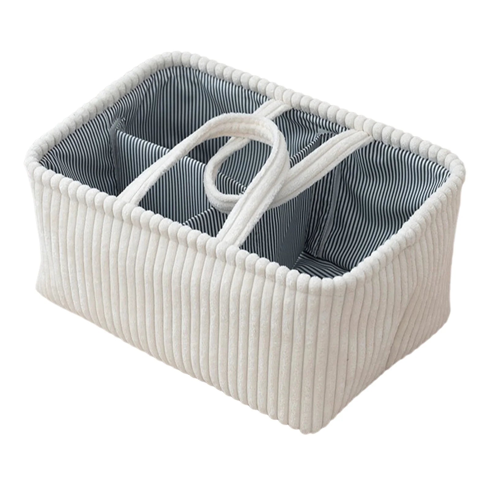 Ivory grey corduroy baby nappy caddy with striped lining and removable dividers by River & Oak Trading at modandtod.com