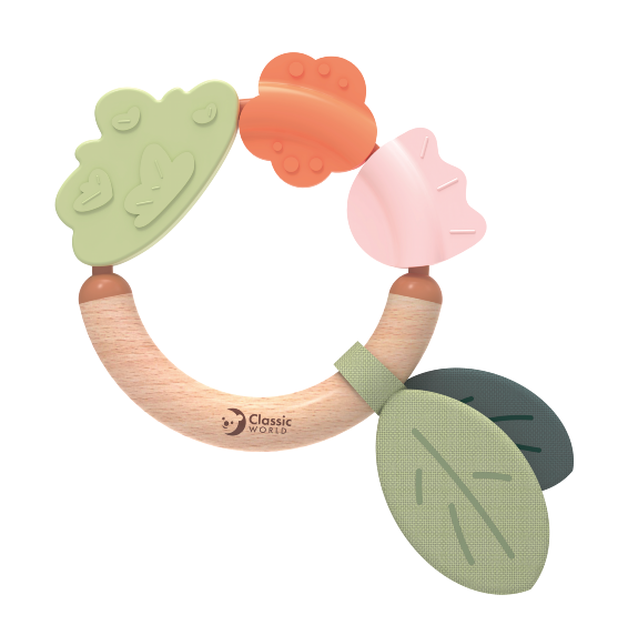 Colorful teething ring with wooden handle and silicone shapes. Classic World Grass Teether for teething baby. MOD & TOD
