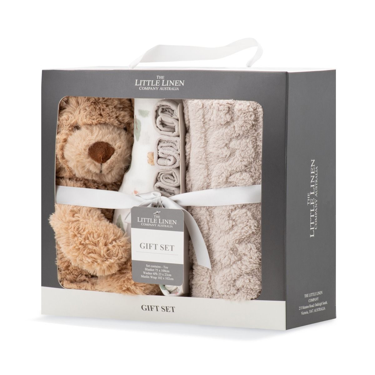 The Little Linen Company Boxed Gift Set - Willow Bear | Baby Plush Blanket, Cuddly Plush Toy, 6 Knitted Terry Washers, Muslin Wrap | modandtod.com