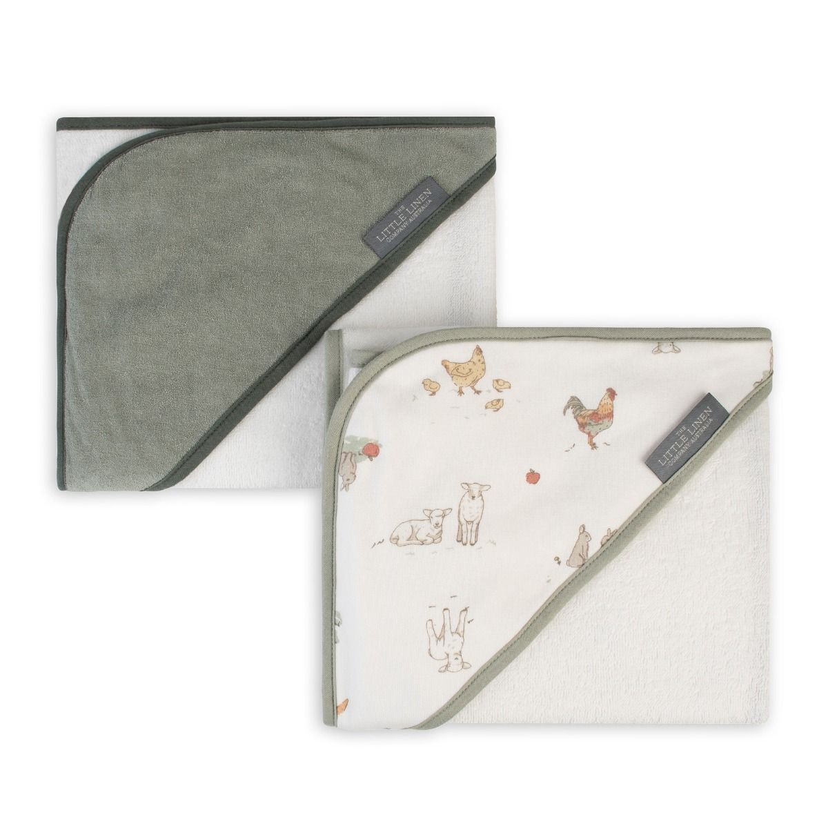 The Little Linen Company Australia Baby Hooded Towel 2 Pack - Farmyard Lamb for baby bathtime. MOD & TOD