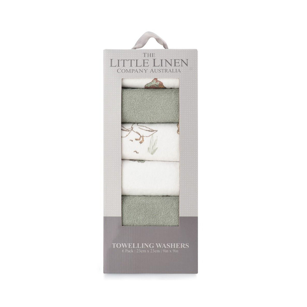 The Little Linen Company Towelling Washer 6 Pack - Farmyard Lamb for baby bath time