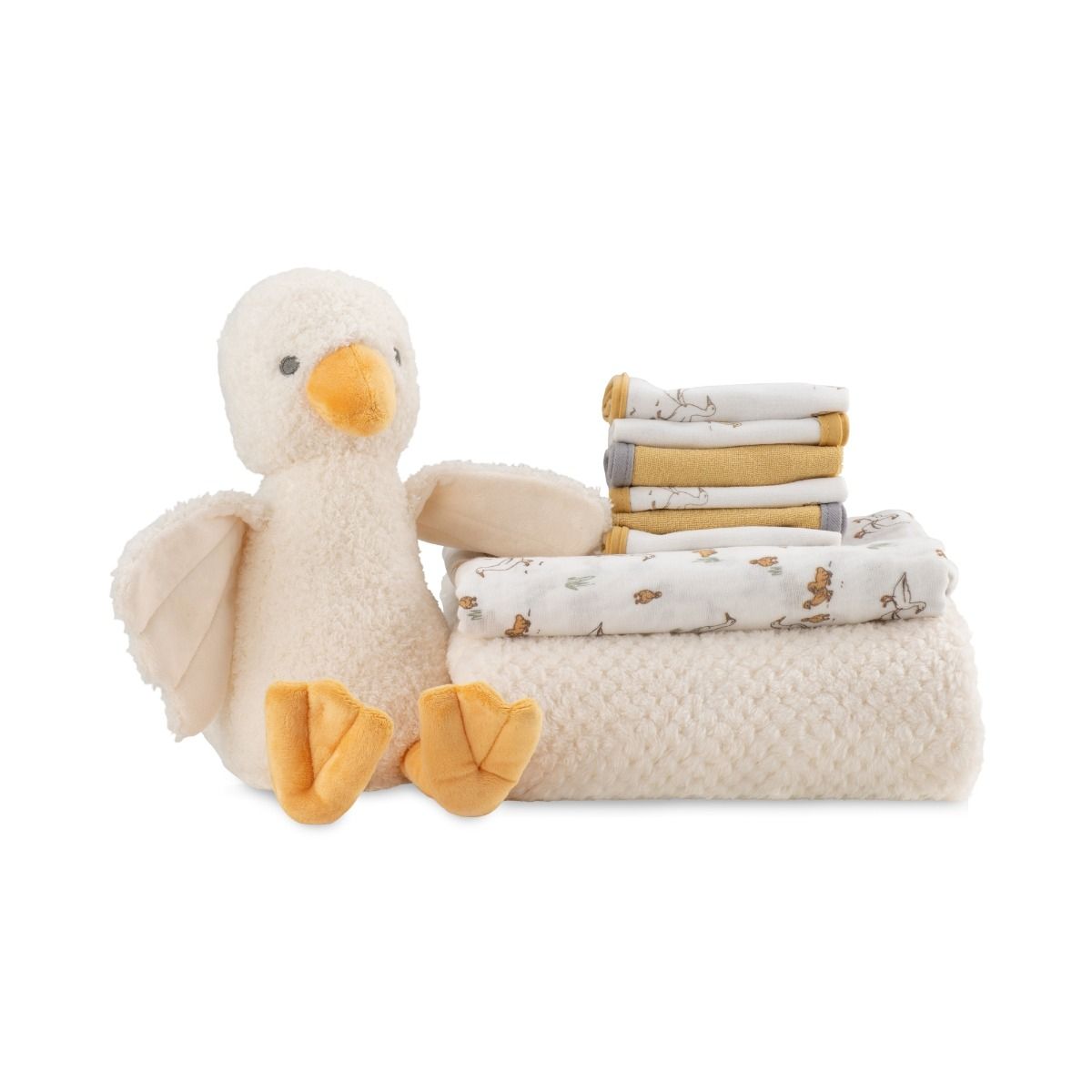 The Little Linen Company Boxed Gift Set - Fuzzy Duck | Baby Plush Blanket, Cuddly Plush Toy, 6 Knitted Terry Washers, Muslin Wrap | modandtod.com