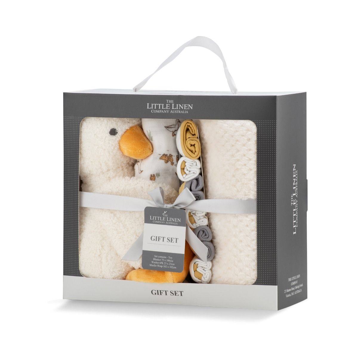 The Little Linen Company Boxed Gift Set - Fuzzy Duck | Baby Plush Blanket, Cuddly Plush Toy, 6 Knitted Terry Washers, Muslin Wrap | modandtod.com