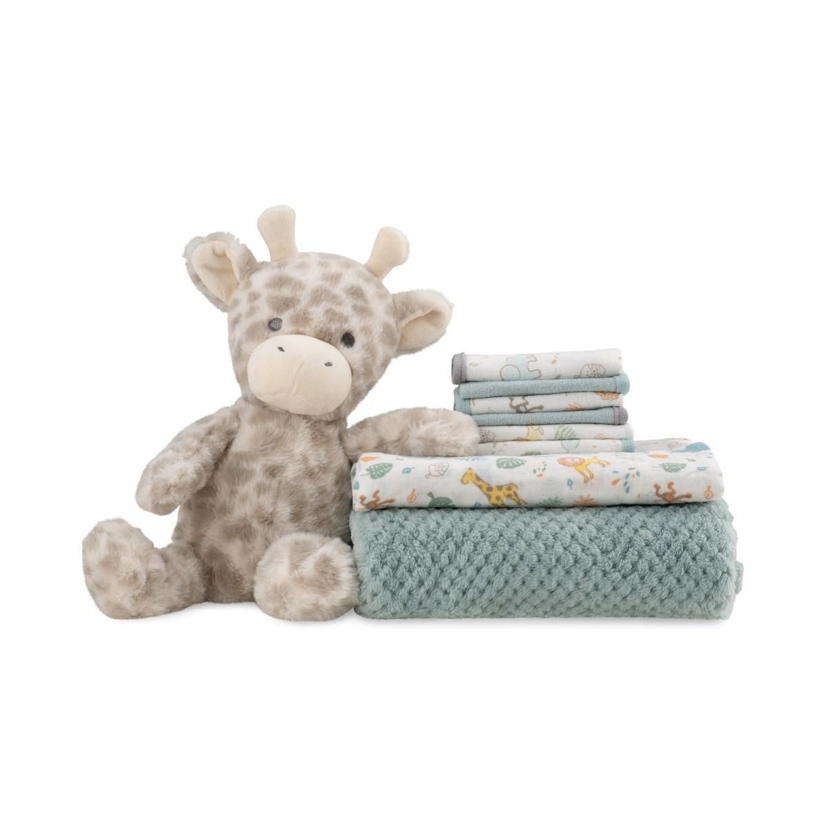 The Little Linen Company Boxed Gift Set - Savanna Giraffe | Baby Plush Blanket, Cuddly Plush Toy, 6 Knitted Terry Washers, Muslin Wrap | modandtod.com