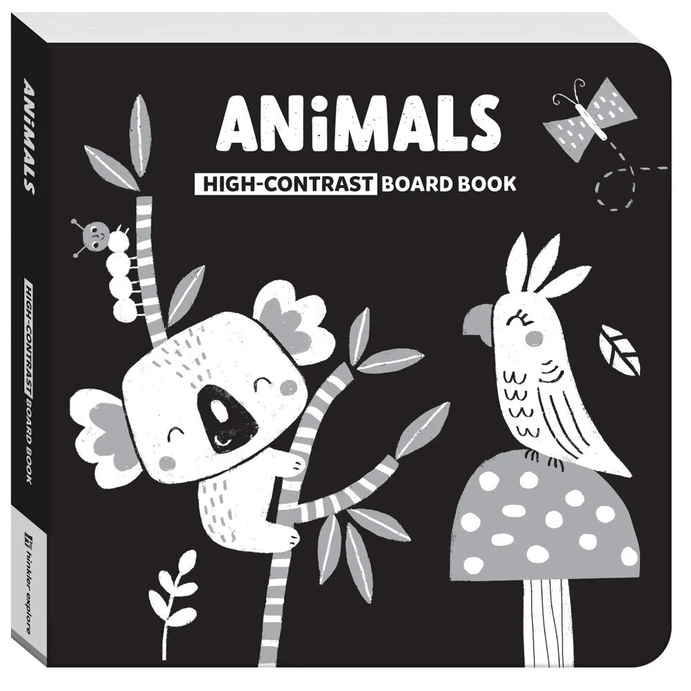 High-contrast board book titled 'Animals' with illustrations of a koala and a parrot on a black background. Hinkler Baby's First Learning Library (4 Book Set) MOD & TOD