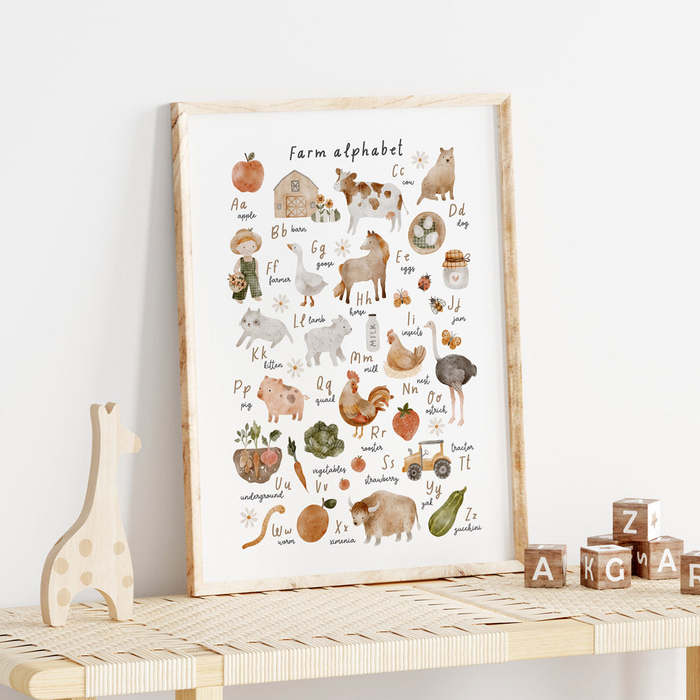 Farm | Alphabet educational wall art for kids bedroom, play room and nursery