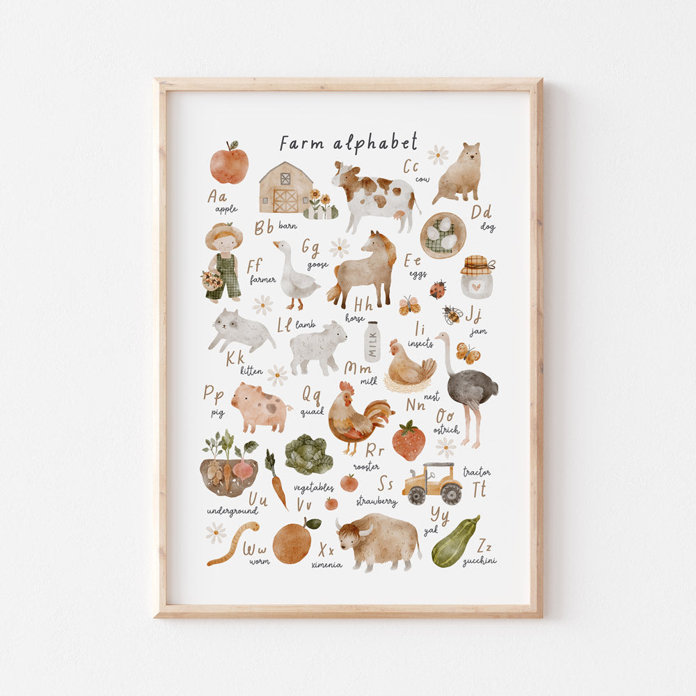 Farm | Alphabet educational wall art for kids bedroom, play room and nursery