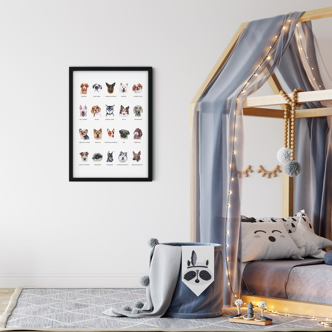 Nursery Decor Wall Art Print -Dogs - Kids bedroom baby room nursery playroom home decor and for lounge cute and educational for dog lovers
