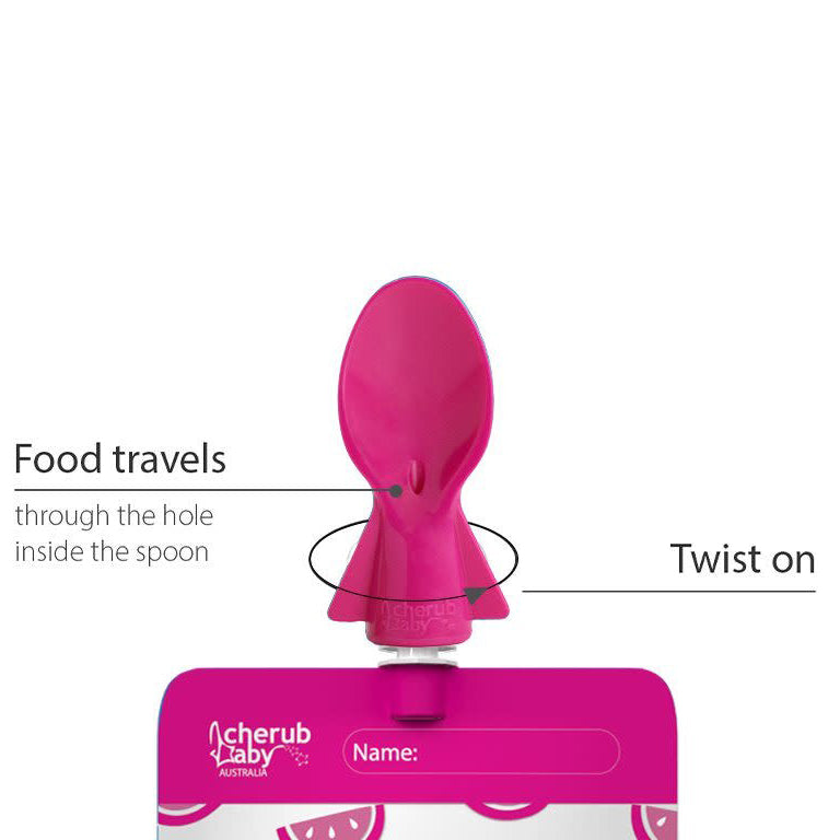 Cherub Baby Universal Food Pouch Spoons 2 pack | Pink & Orange for baby starting solids on the go