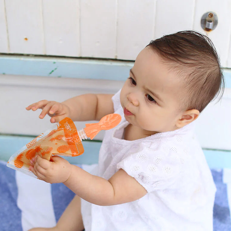 Cherub Baby Universal Food Pouch Spoons 2 pack | Pink & Orange for baby starting solids on the go