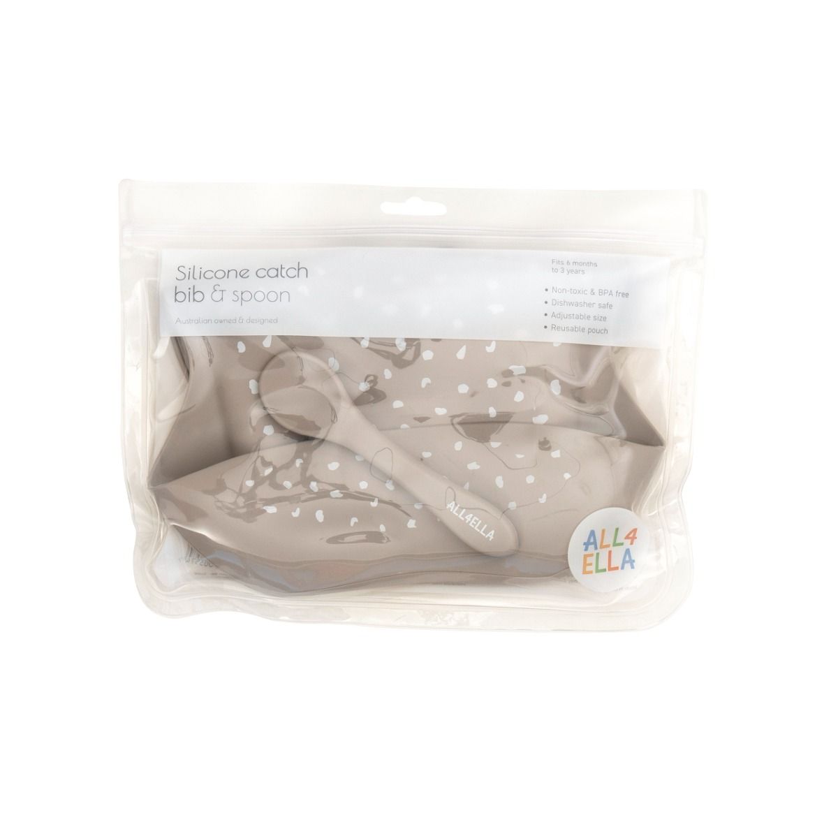 All4Ella Silicone Catch Bib & Spoon - Stone for baby. MOD & TOD