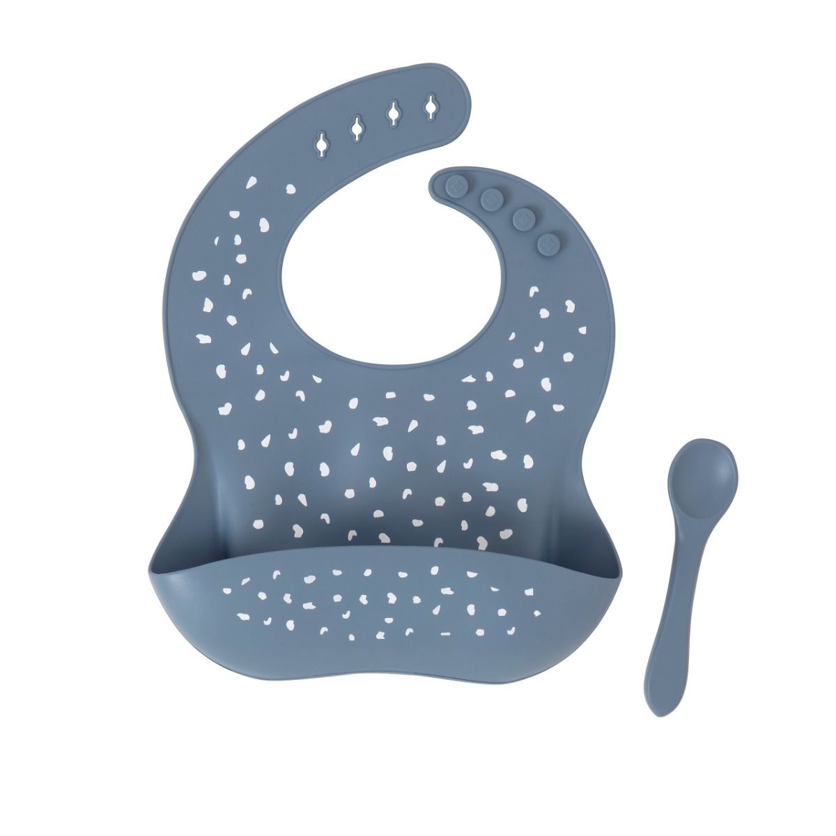 All4Ella Silicone Catch Bib & Spoon - Slate Blue for baby. MOD & TOD