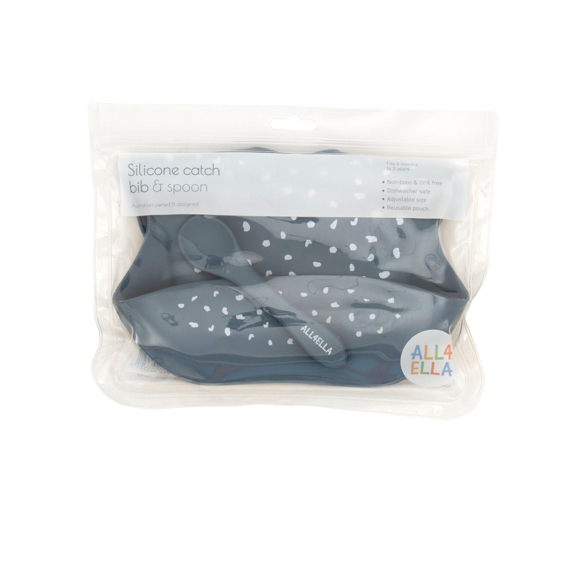 All4Ella Silicone Catch Bib & Spoon - Slate Blue for baby. MOD & TOD