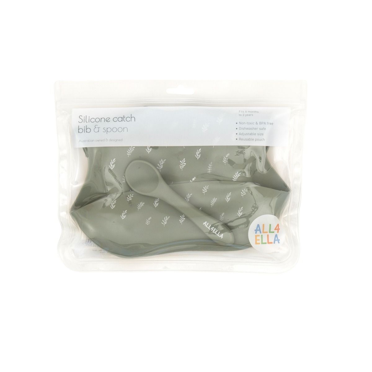All4ella Silicone Catch Bib & Spoon - Olive for baby and toddlers starting solids and baby led weaning. MOD & TOD
