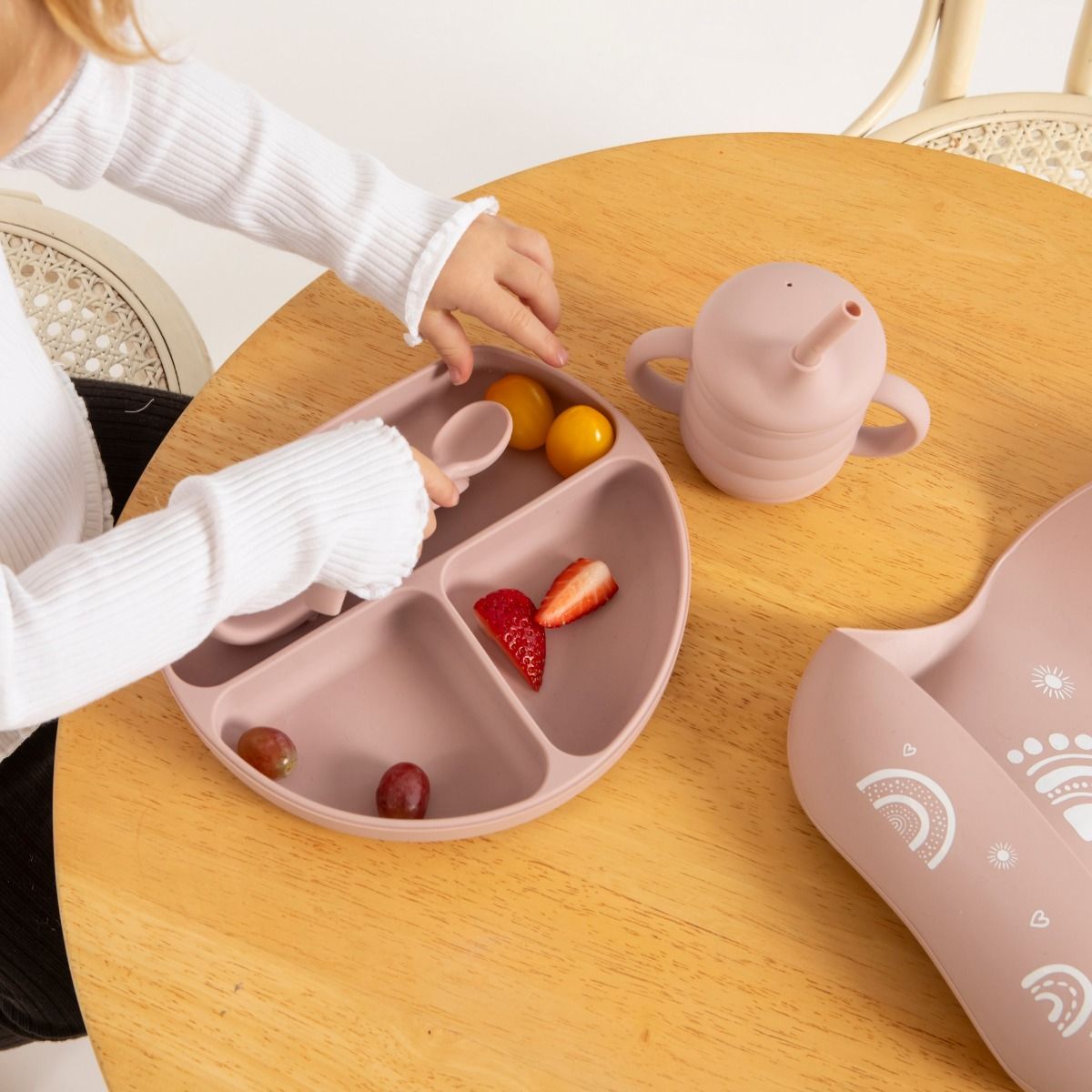 All4ella Silicone Suction Plate with Straw & Spoon - Dusty Pink for baby and toddler starting solids and baby led weaning. MOD & TOD
