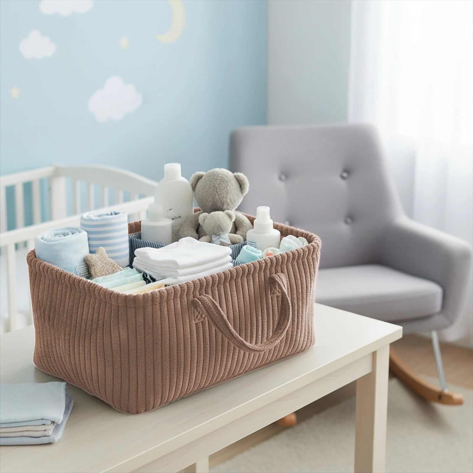Mocha corduroy baby nappy caddy with striped lining and removable dividers by River & Oak Trading at modandtod.com